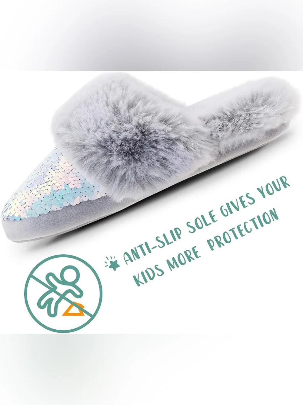 Girls Slippers - Mermaid - Sequins - Fluffy Soft Faux Fur - Rubber Sole
